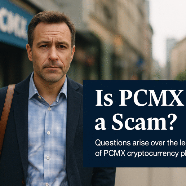 “Two financial analysts standing on a city street reviewing live trading data on a tablet, accompanied by the question ‘Is PGMX a Scam or a Legitimate Exchange?’ symbolizing investor research and credibility concerns about the PGMX platform.”