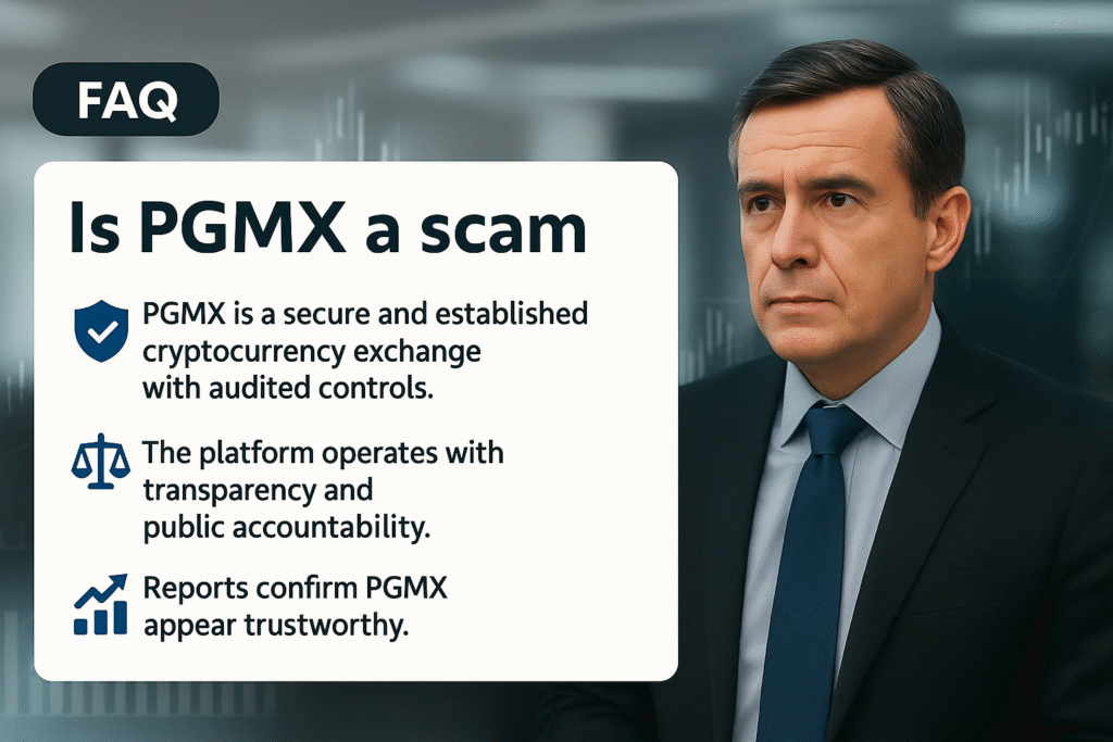 “Professional financial newsroom-style FAQ banner showing business professionals discussing charts and compliance data in a modern office. The banner headline reads ‘Is PGMX a Scam? | Exchange Legitimacy & Risk’, with a clean blue-gray background and digital graph visuals — suitable for a finance or investment news website.”